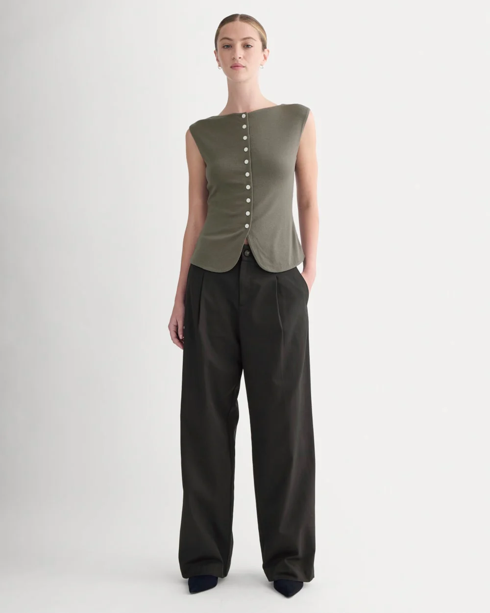 Sleeveless Button-Up in Butterluxe | Taupe - Image 3