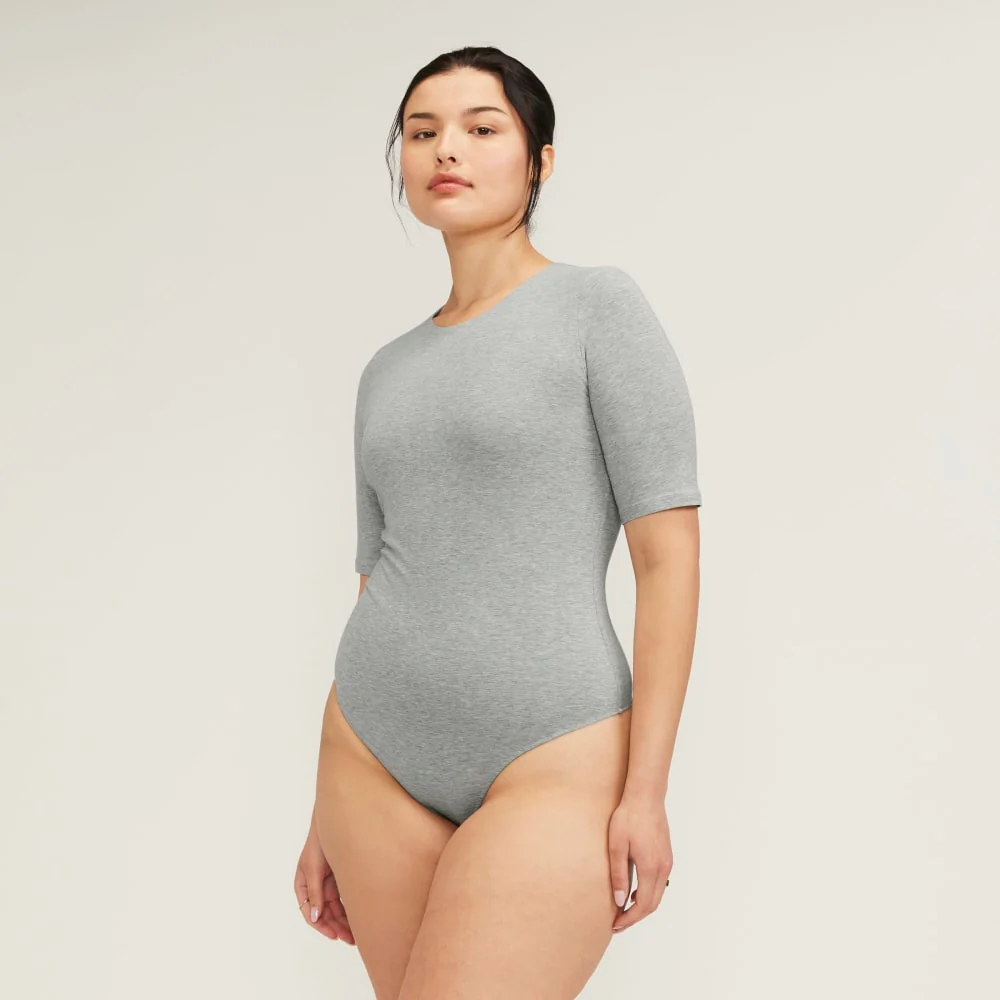 The Short-Sleeve Crew Neck Bodysuit | Heathered Grey | Thong - Image 3