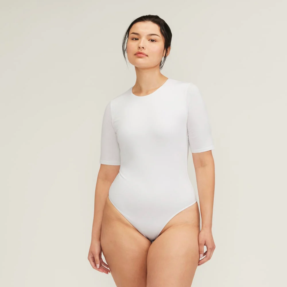The Short-Sleeve Crew Neck Bodysuit | White | Thong - Image 3
