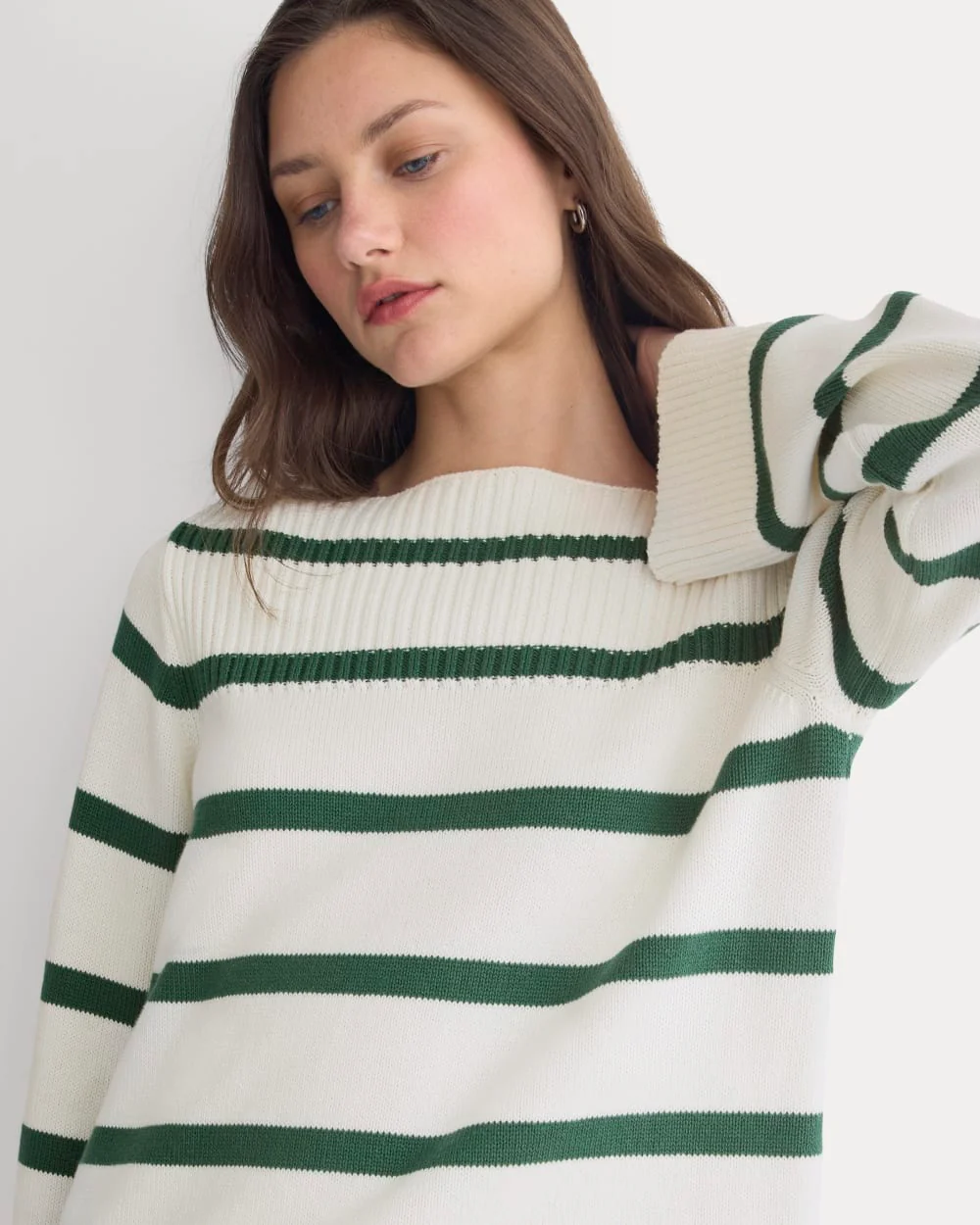 Striped Boatneck Sweater in Everyday Cotton | Hunter Green/Bone - Image 4