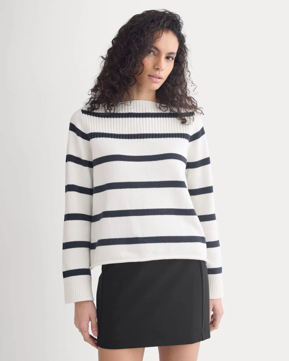 Striped Boatneck Sweater in Everyday Cotton | True Navy/Bone - Image 3