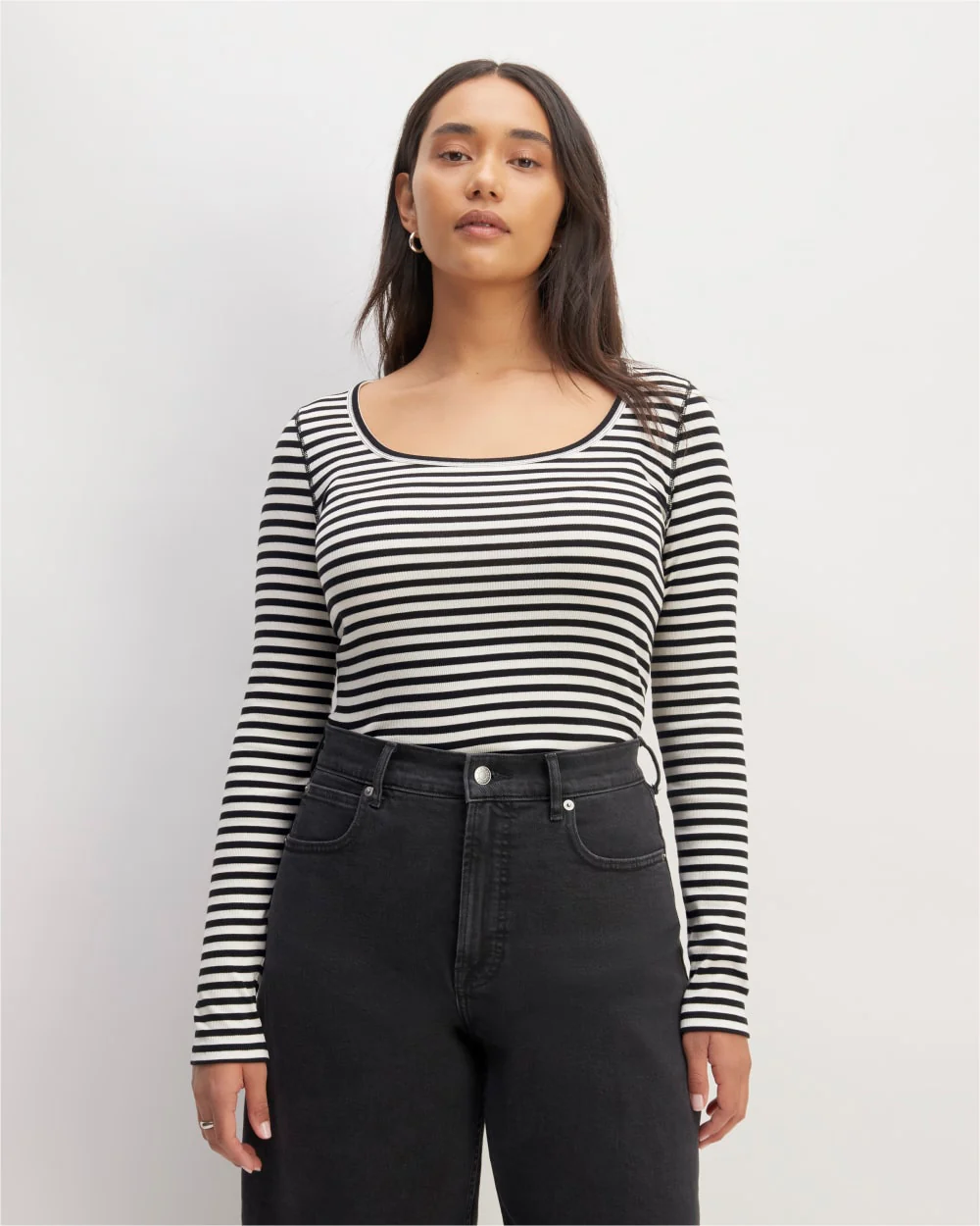The Luxe Rib Long-Sleeve Scoop-Neck Tee | Bone / Black - Image 3
