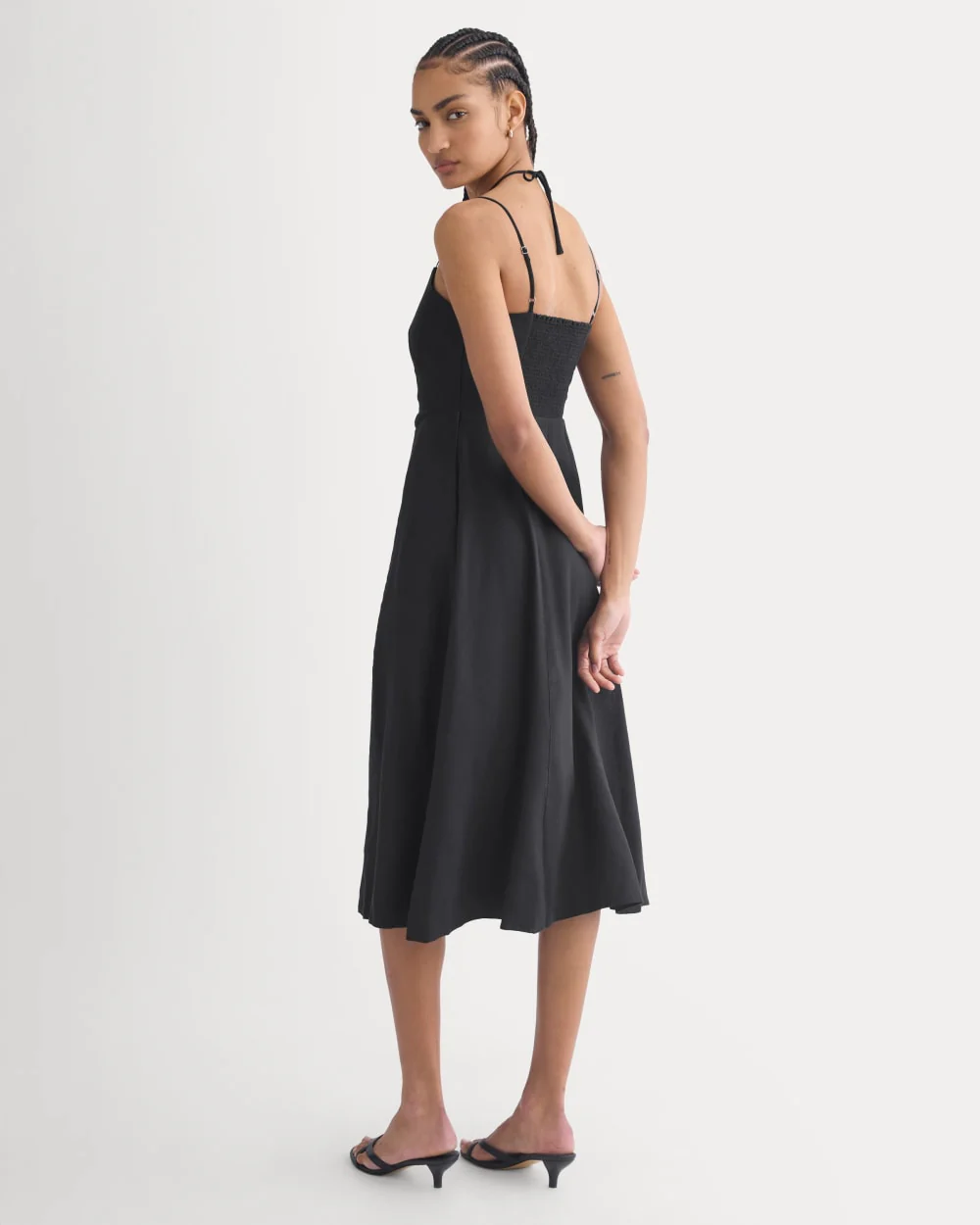 Tie-Neck Dress in Stretch Linen | Black - Image 7