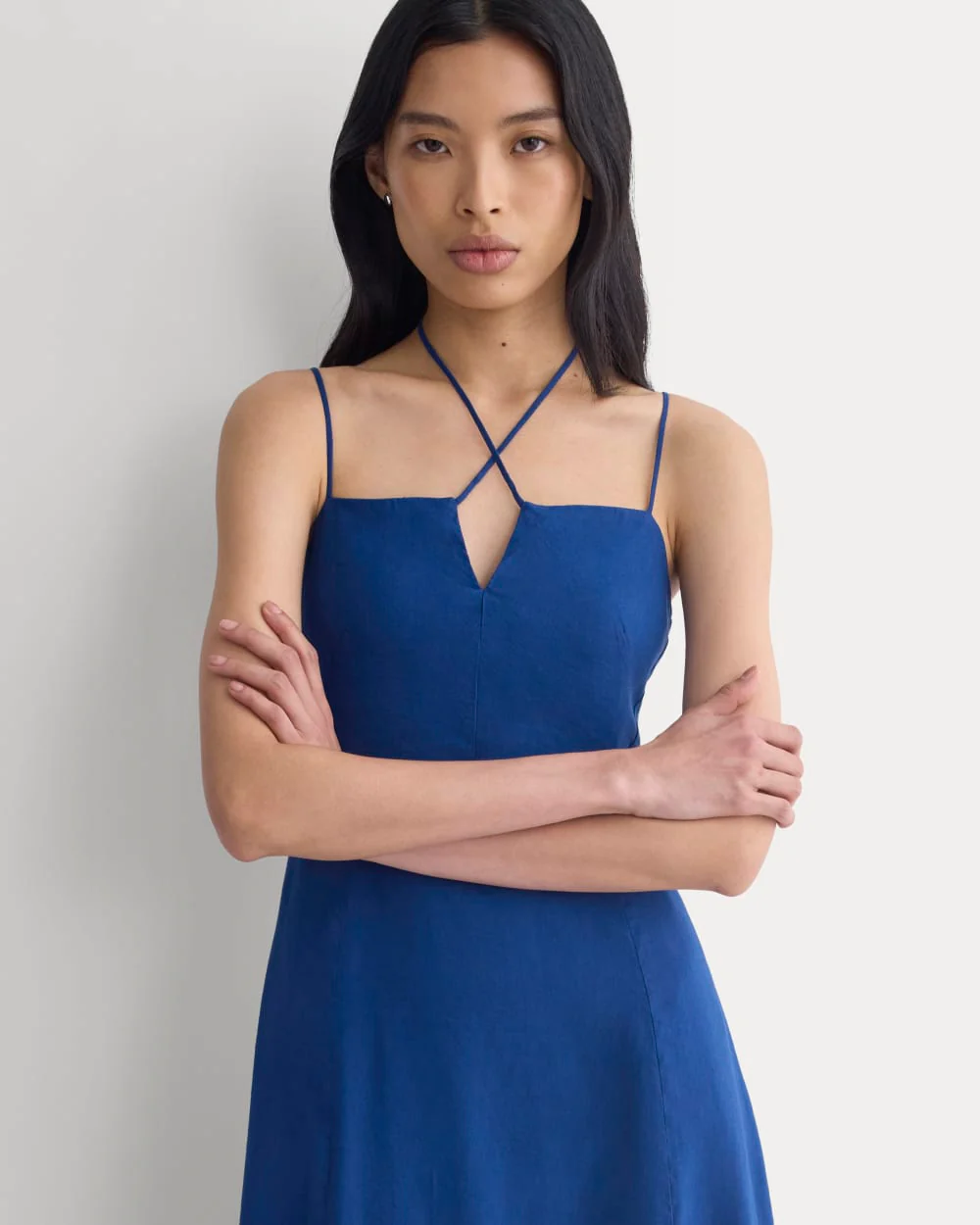 Tie-Neck Dress in Stretch Linen | Estate Blue - Image 3