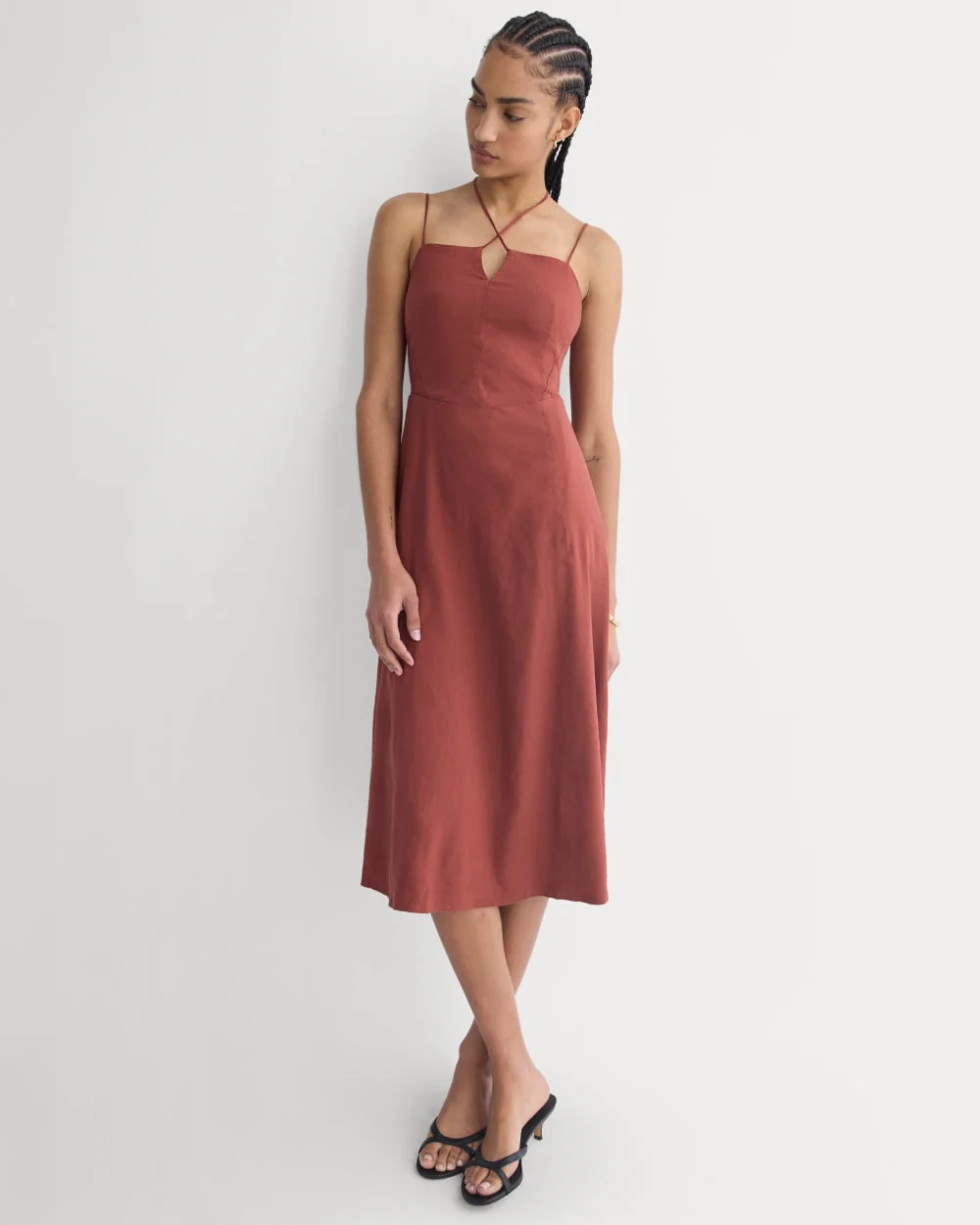 Tie-Neck Dress in Stretch Linen | Henna Red - Image 5