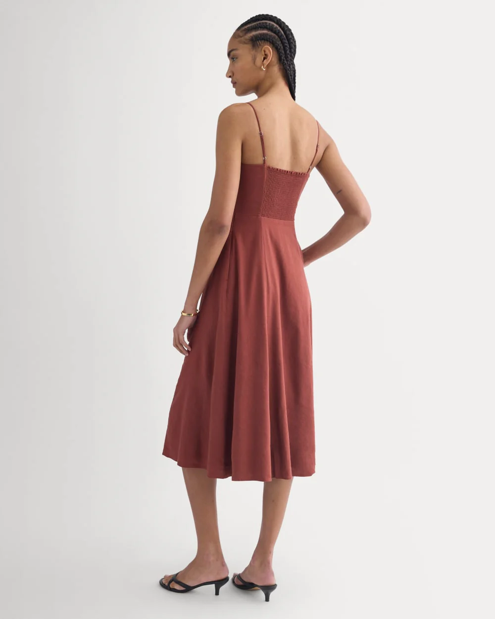 Tie-Neck Dress in Stretch Linen | Henna Red - Image 6