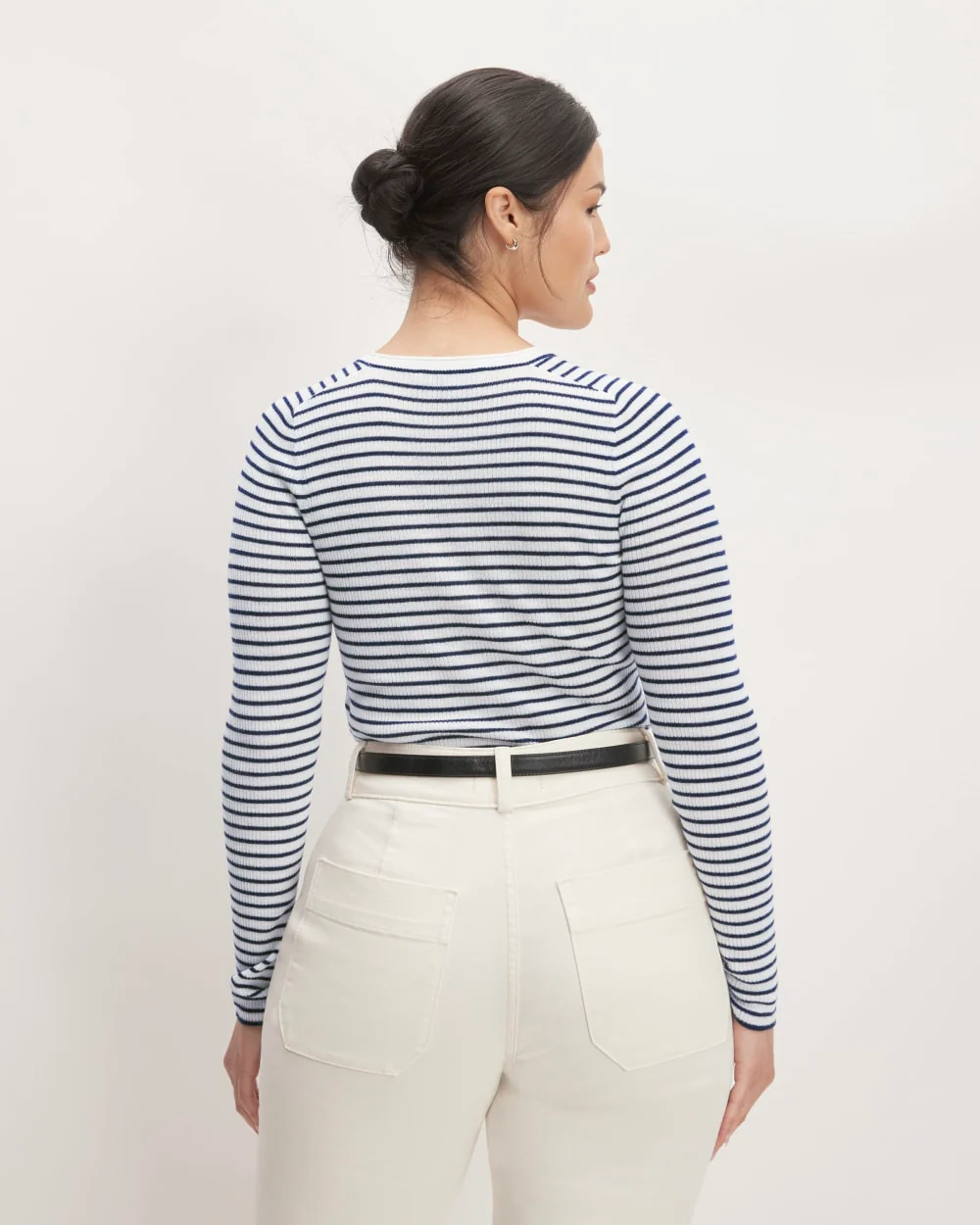 The Long-Sleeve Sweater Tee in Ultrasoft Merino | Bone/Navy - Image 6