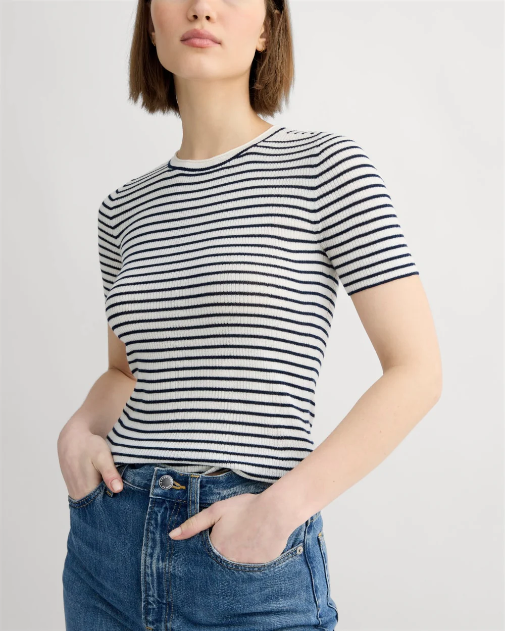 The Sweater Tee in Ultrasoft Merino | Bone/Navy - Image 4