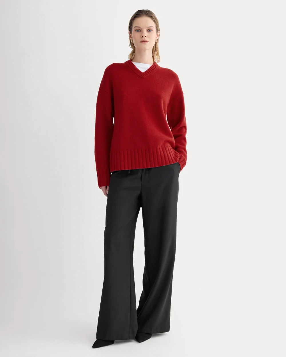 V-Neck Sweater in Extrafine Luxe Merino | Berry Red - Image 3