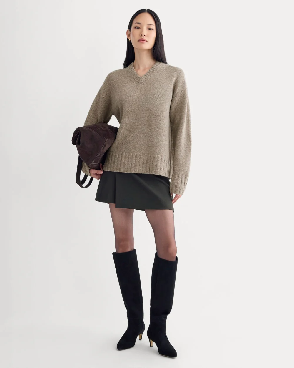 V-Neck Sweater in Extrafine Luxe Merino | Heather Soft Taupe - Image 3