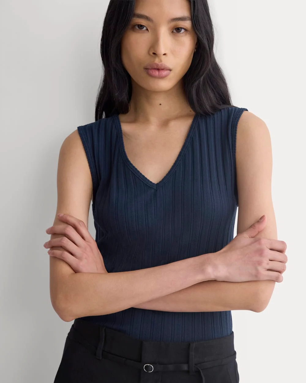 V-Neck Tank in Pointelle | Deep Navy - Image 4