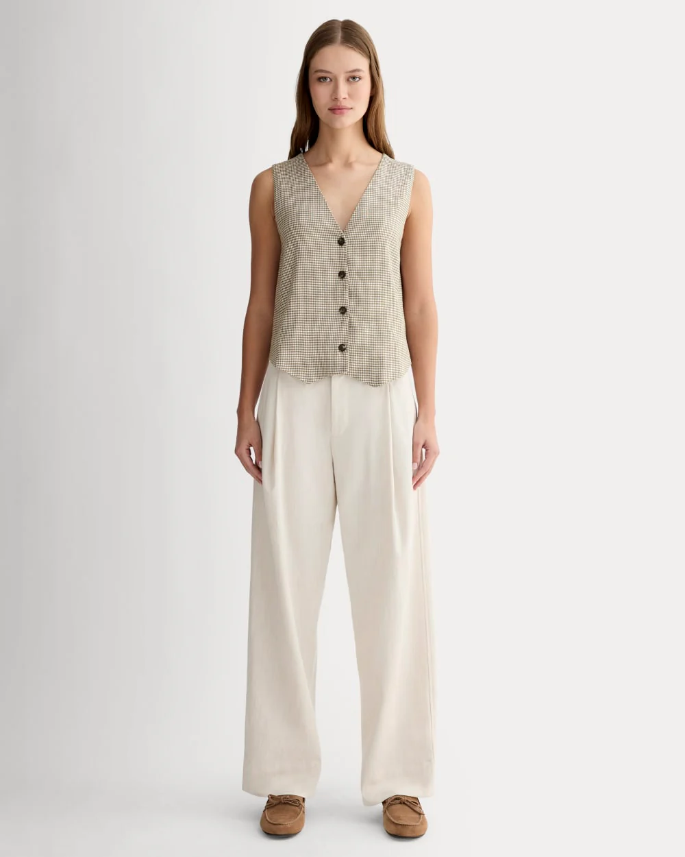 The Vest in Stretch Linen | Deep Taupe Mini Gingham - Image 3
