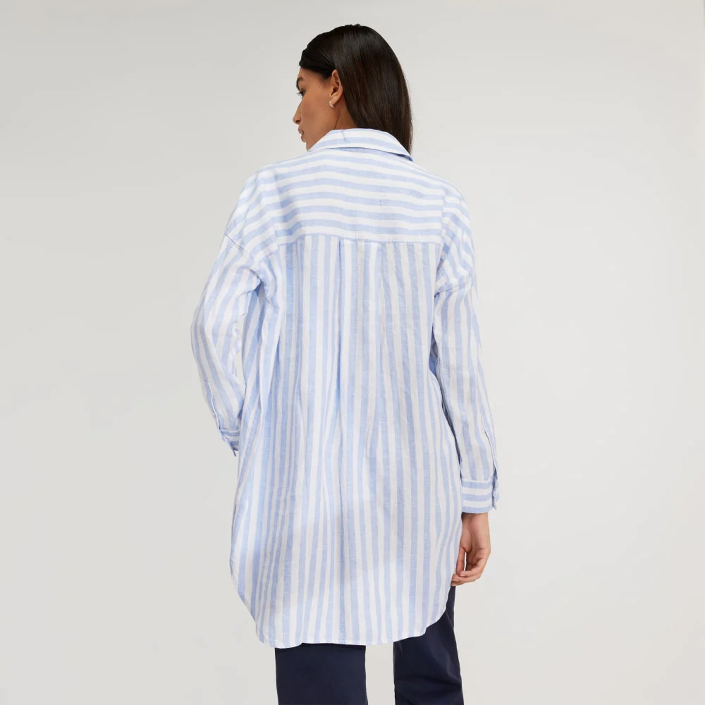The Way-Long Linen Shirt | Blue / White - Image 3