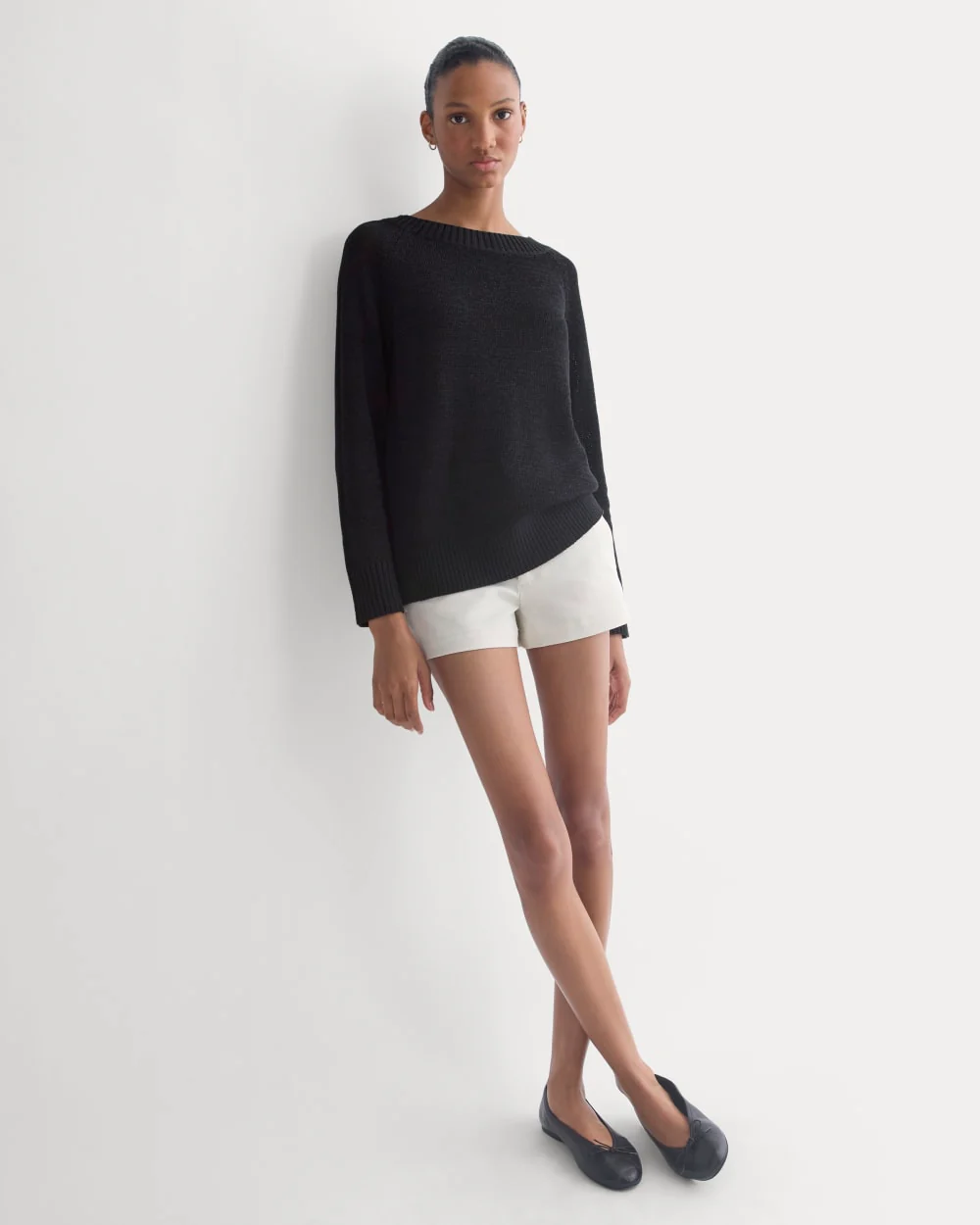 Wide-Neck Crew Sweater in Tape Yarn | Black - Image 3