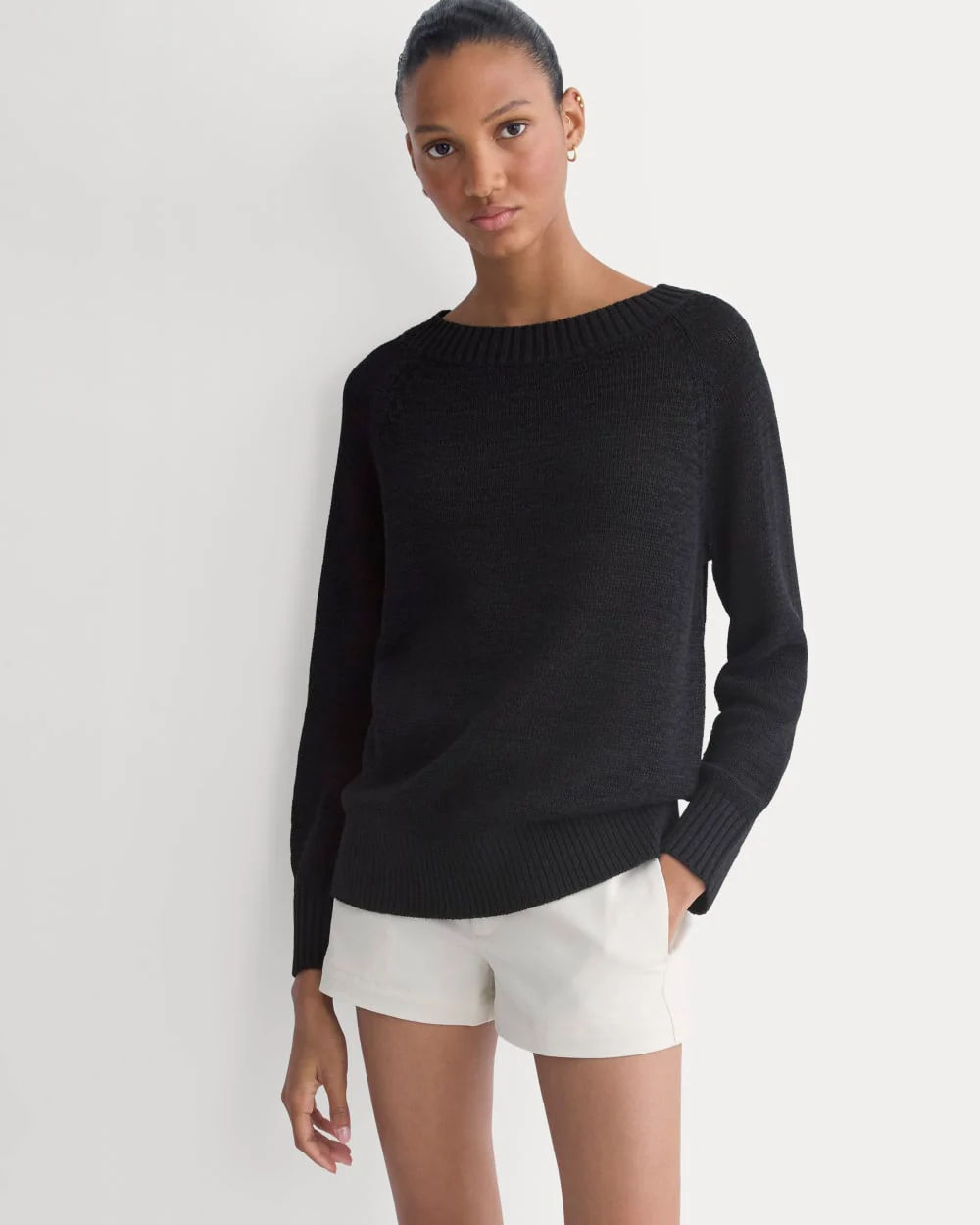 Wide-Neck Crew Sweater in Tape Yarn | Black - Image 4