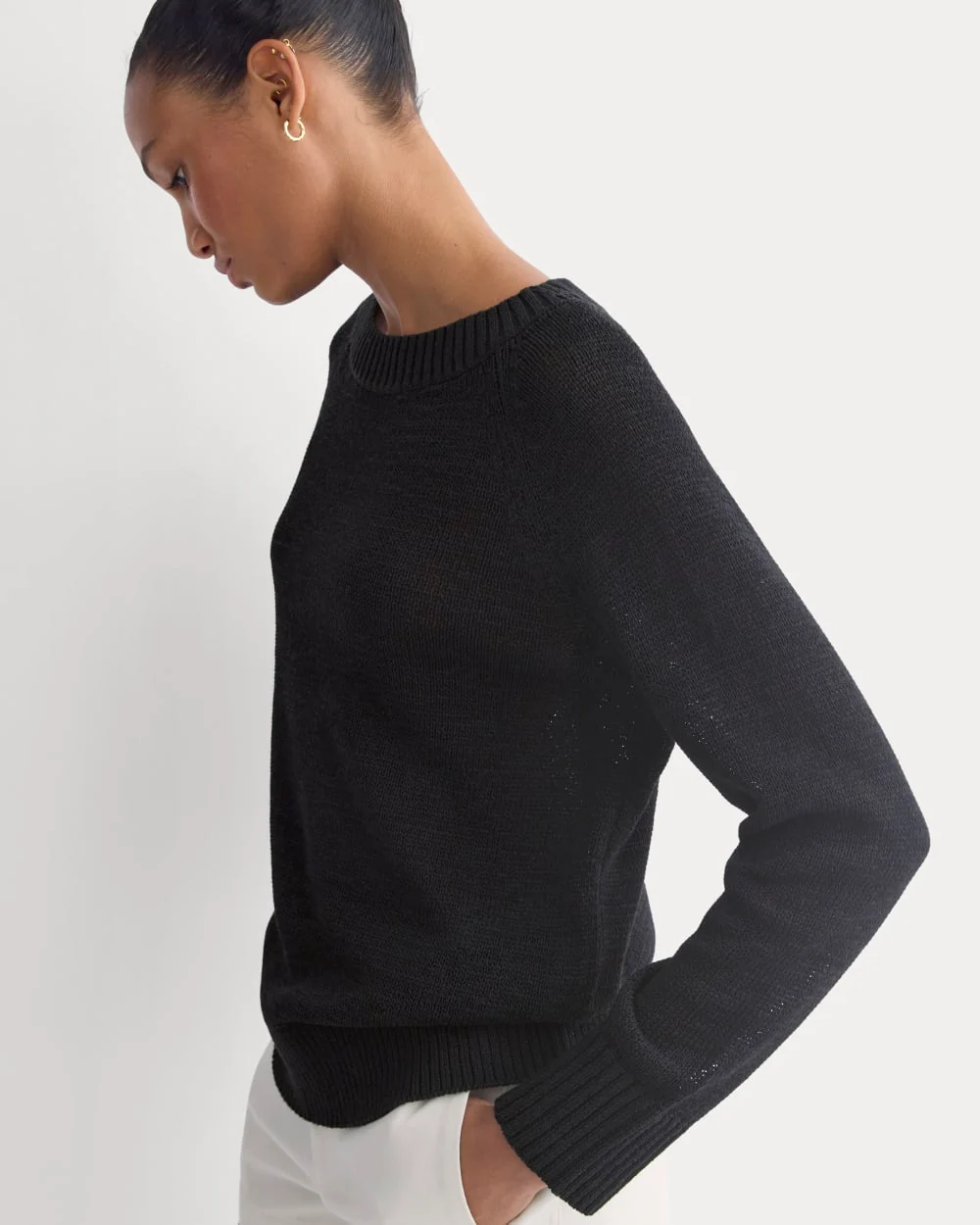 Wide-Neck Crew Sweater in Tape Yarn | Black - Image 5