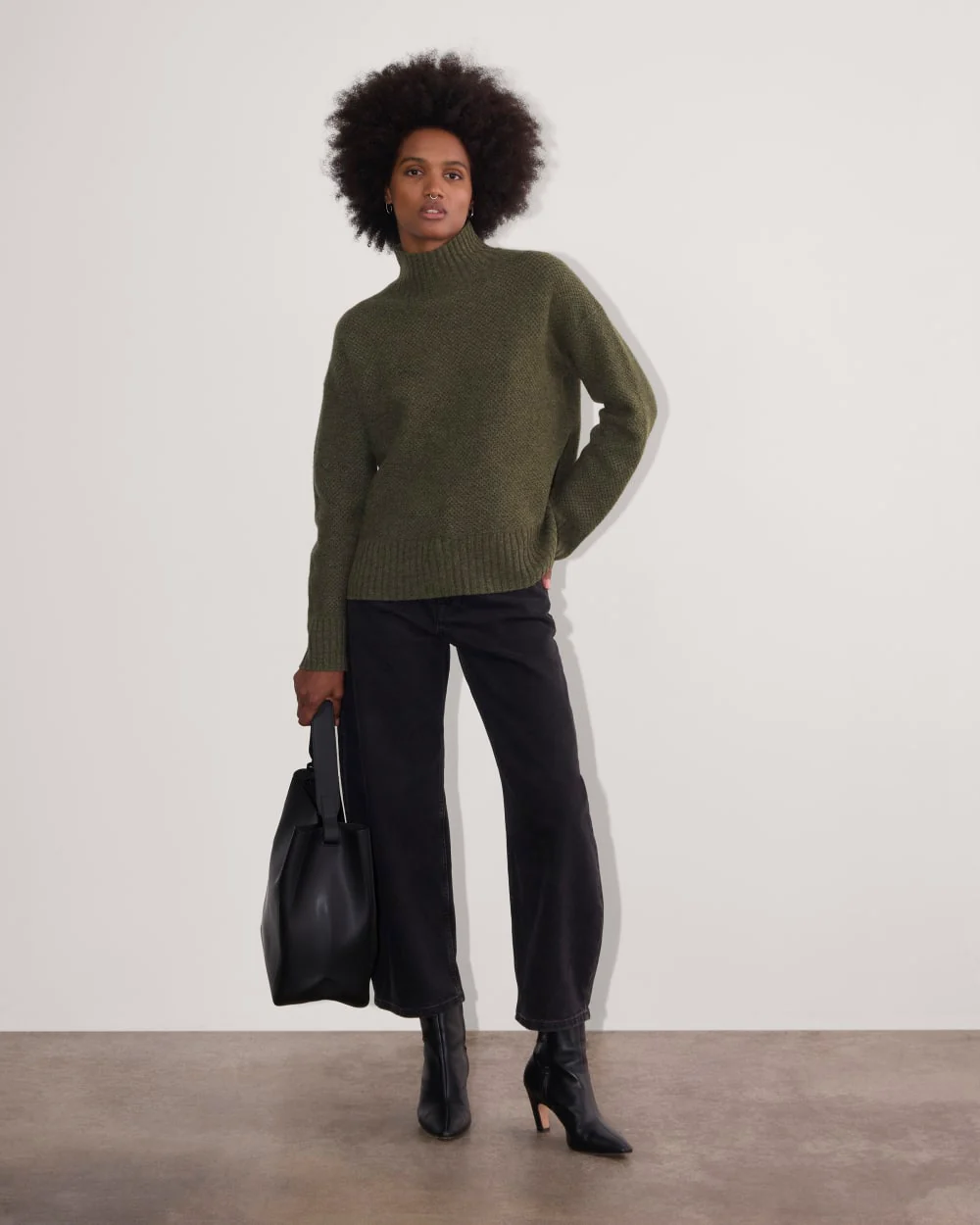 The Honeycomb Funnel Neck in Wool Cashmere | Heathered Army Green - Image 3